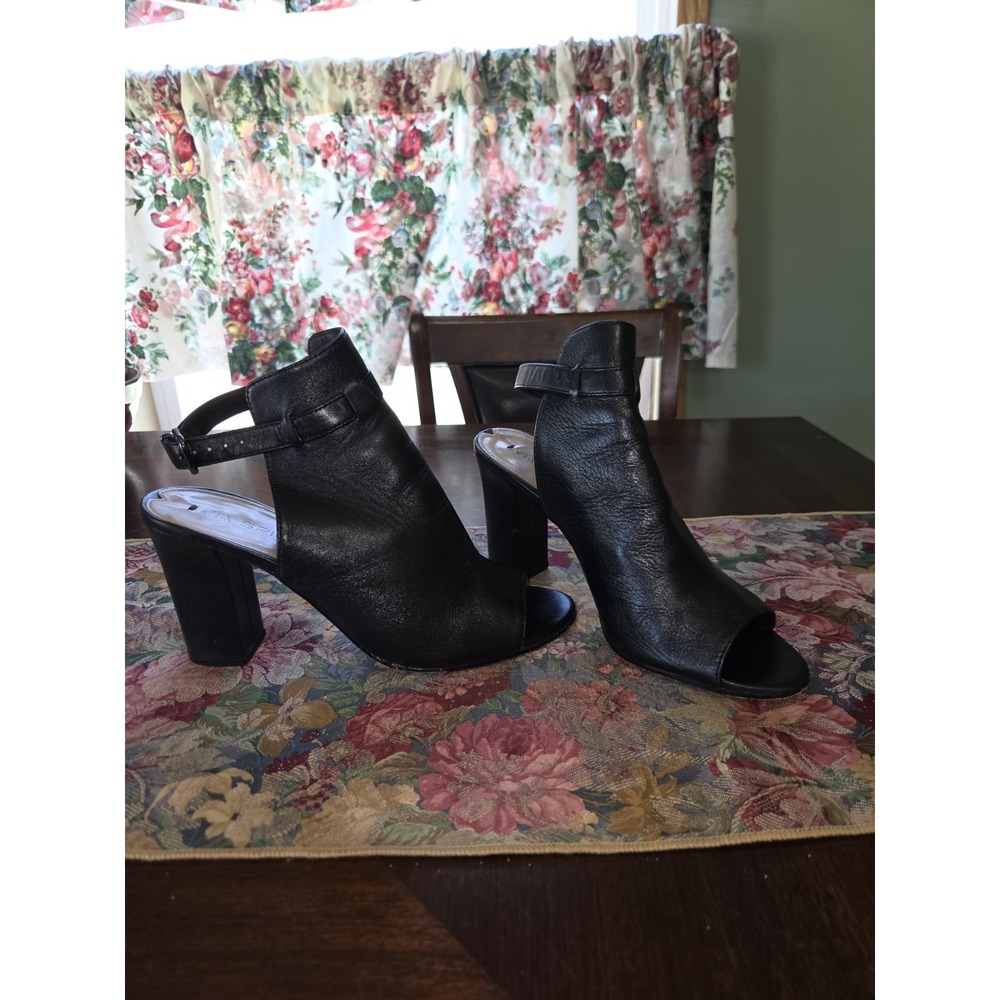 Via Spiga Fabrizie Black Leather Open Toe Ankle Strap Chunky Heel Mules Sz 8.5 M